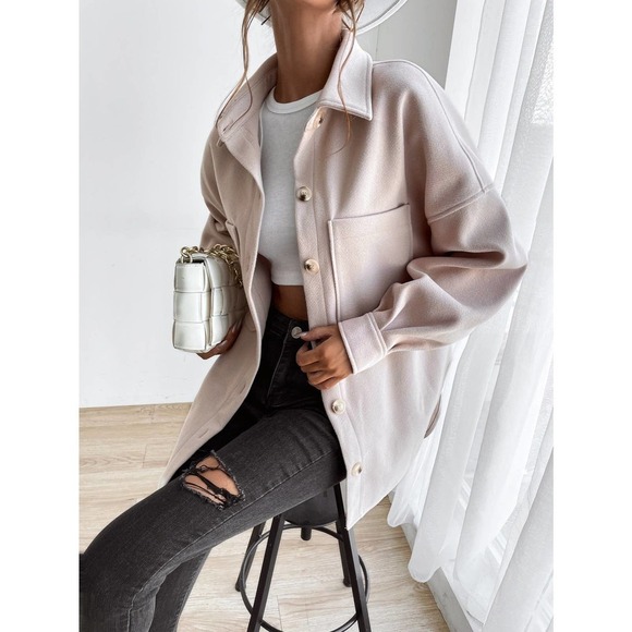 Drop Shoulder Pocket boyfriend shacket oversized jacket Coat cream tan - Picture 3 of 8